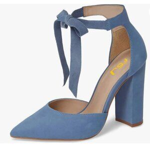 FSJ Steel Blue Faux Suede Chunky Heel D'Orsay Pointed Toe Ankle Strap Pump